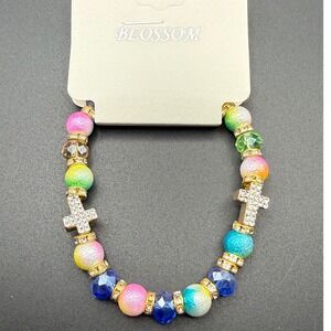 Blossom Rainbow Beaded Stretch Bracelet with Gold Tone Cross Charms